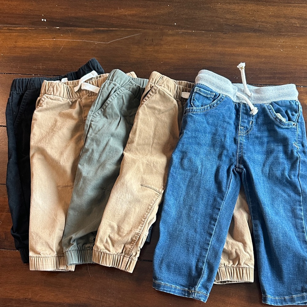 Pack of 5- 18 months Cat and Jack joggers/ jeans Blue, Tan, Green, Black